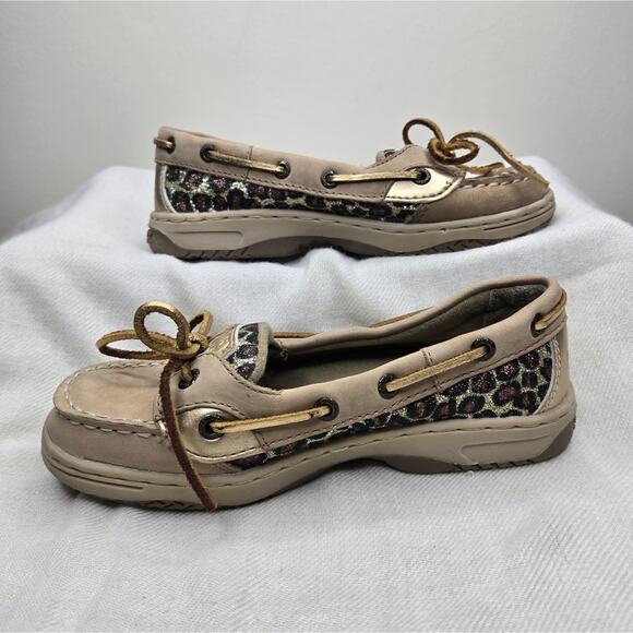 SPERRY Top-Siders Tan Boat Shoes with Glitter Leopard Print Pattern Size 13.5 - Picture 3 of 10
